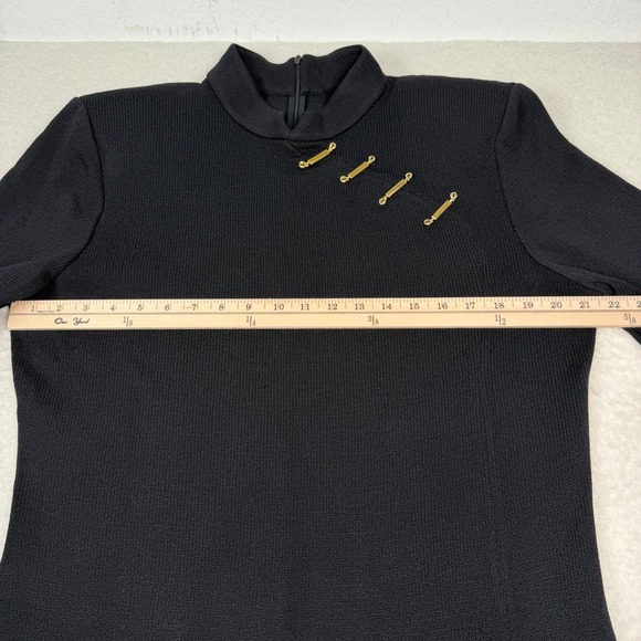 St. John Santana Knit Dress 14 Black Long Sleeve Gold Bar Accents Mock Neck READ - Picture 9 of 12